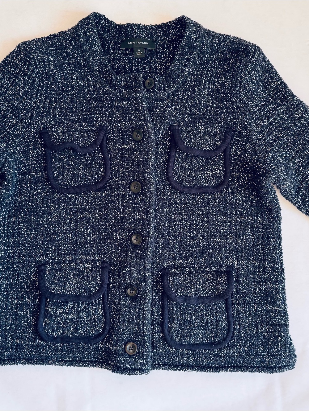 Ann Taylor Navy/white Tweed Button-Front cropped Jacket , M
